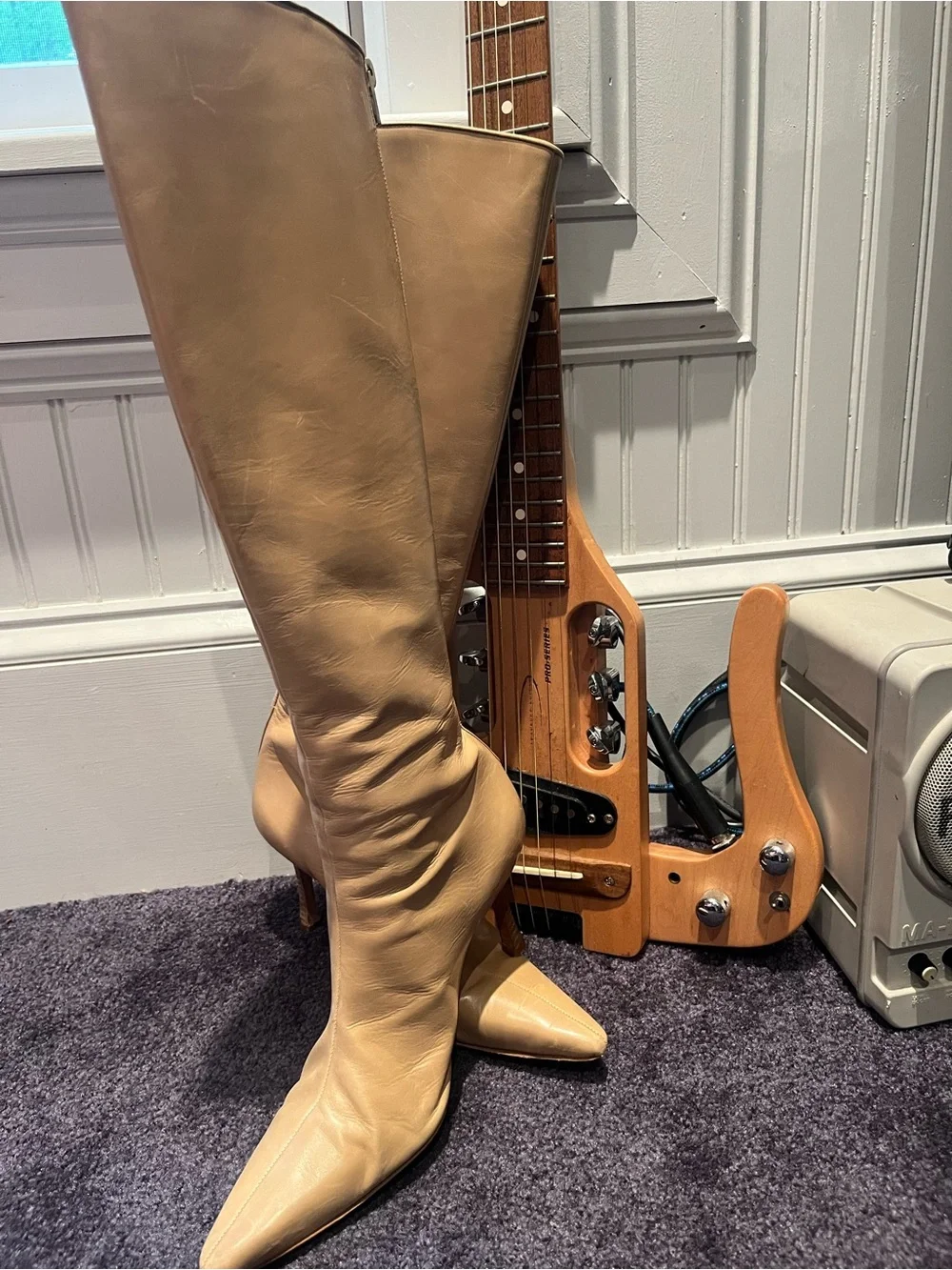 Manolo Blahnik Camel Pointed-Toe Over-the-Knee Leather Boots